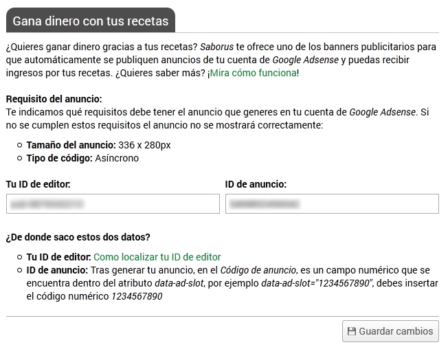 Formulario para enlazar Recetus con Google Adsense