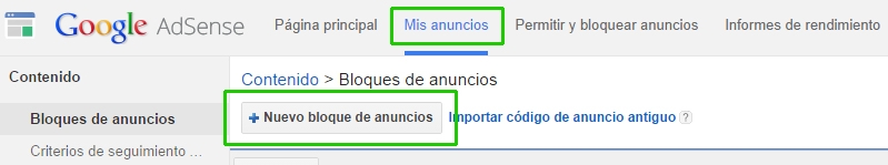 Crear nuevo bloque de anuncios
