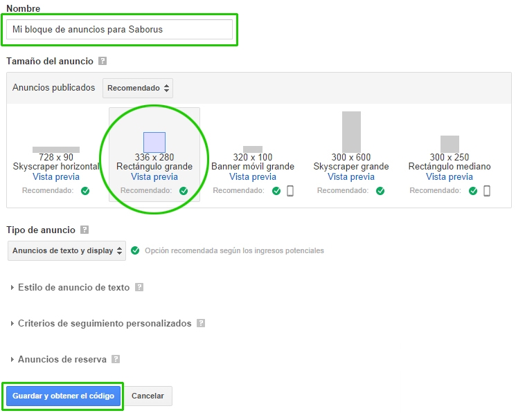 Formulario de nuevo bloque de anuncios