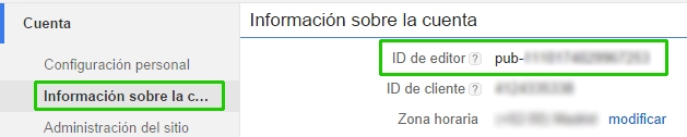 Pantalla de ID de Editor de Google Adsense